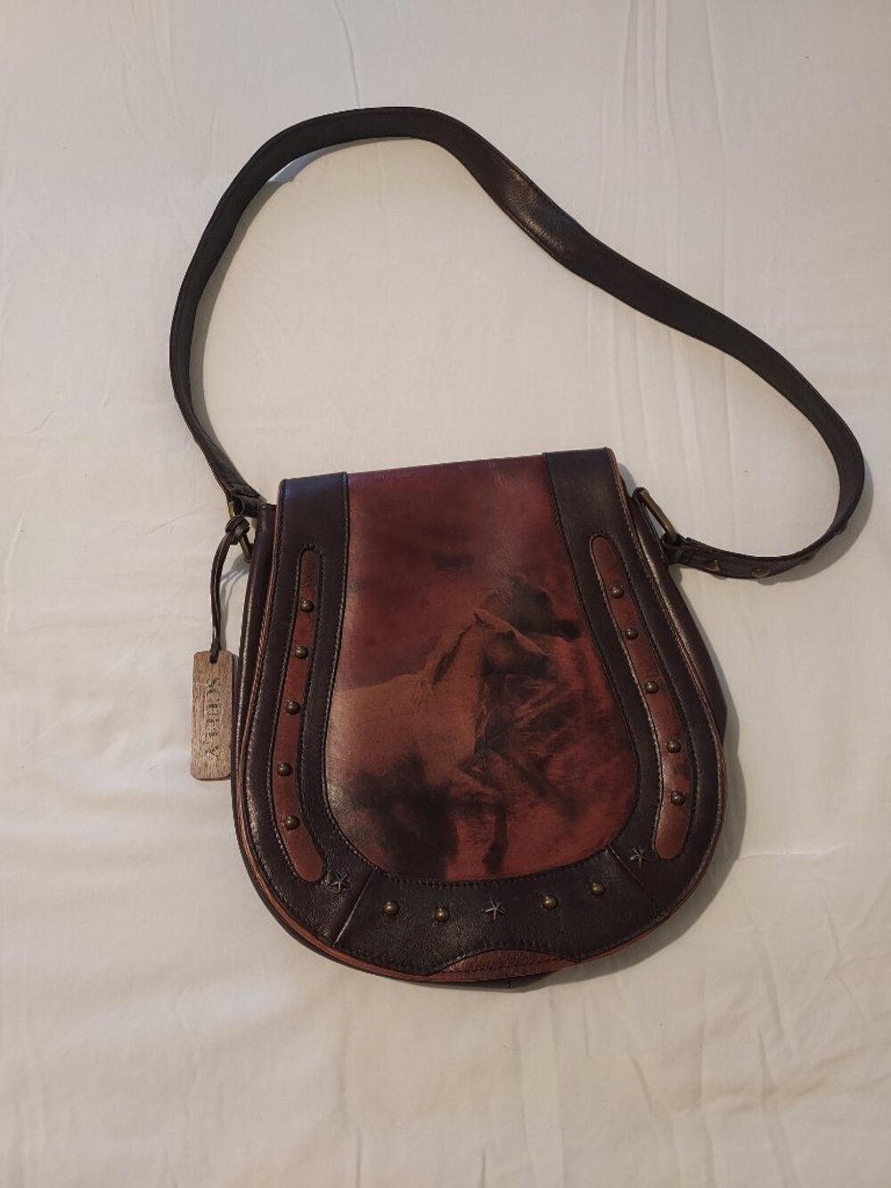 SCULLY Run Horse Genuine Leather BAG Cheyenne PURSE Horseshoe Brass Stud Equestr